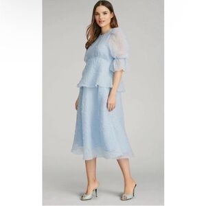FRANCES HART blue organza short sleeve lined flousy romantic dreamy midi dress